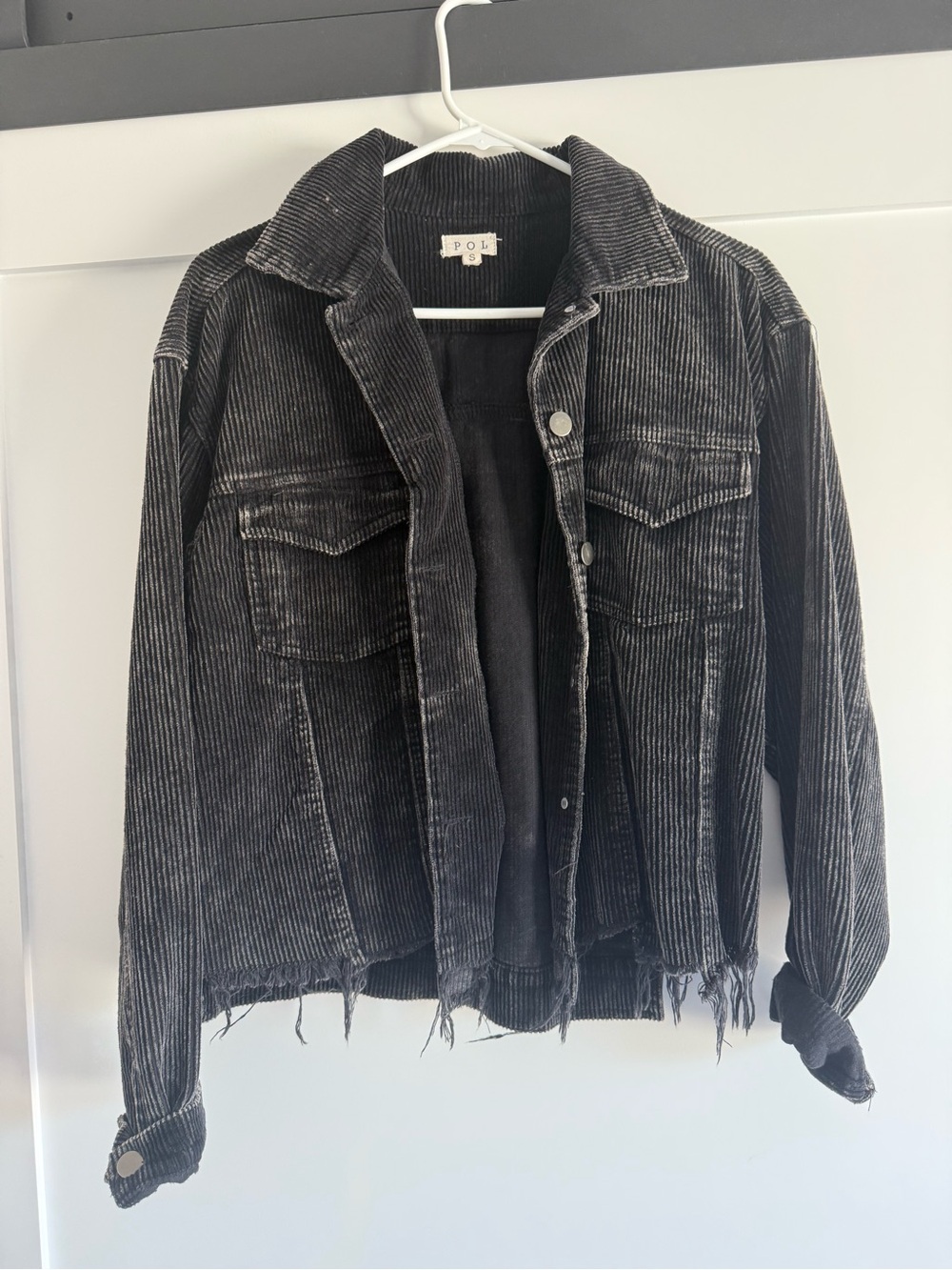 POL Black Corduroy Distressed Trucker Jacket